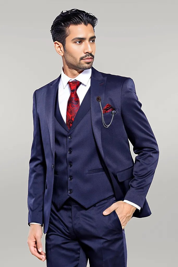 WSS Single Button Dark Blue Vested Suit  - Singen