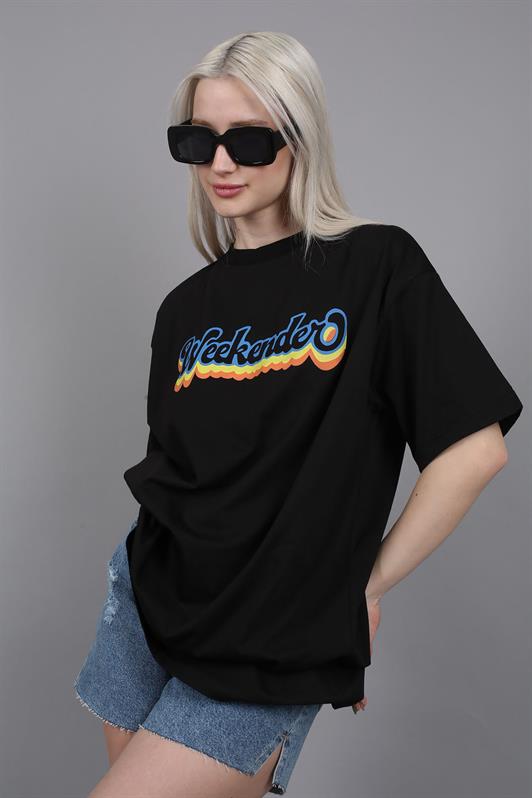 MDX Black Printed Oversized Round Neck Women's T-Shirt - Rozzano