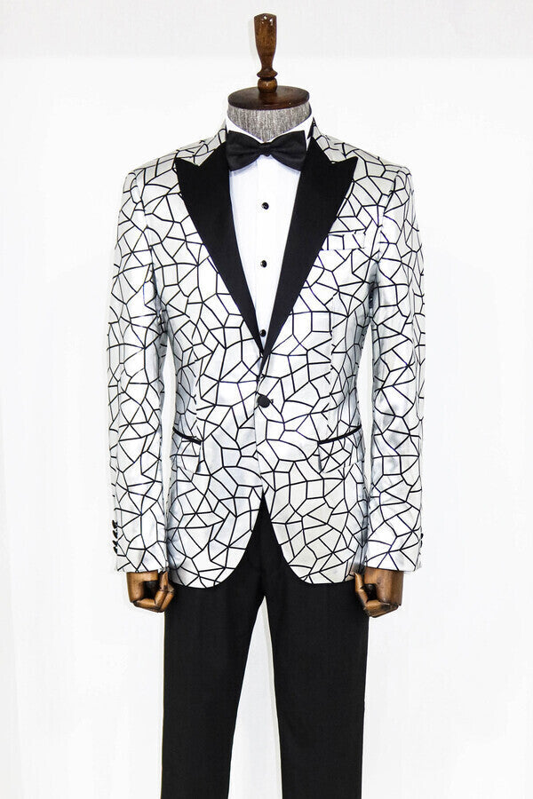 WSS Slim Fit Black Patterned Grey Men Prom Blazer  - Singen