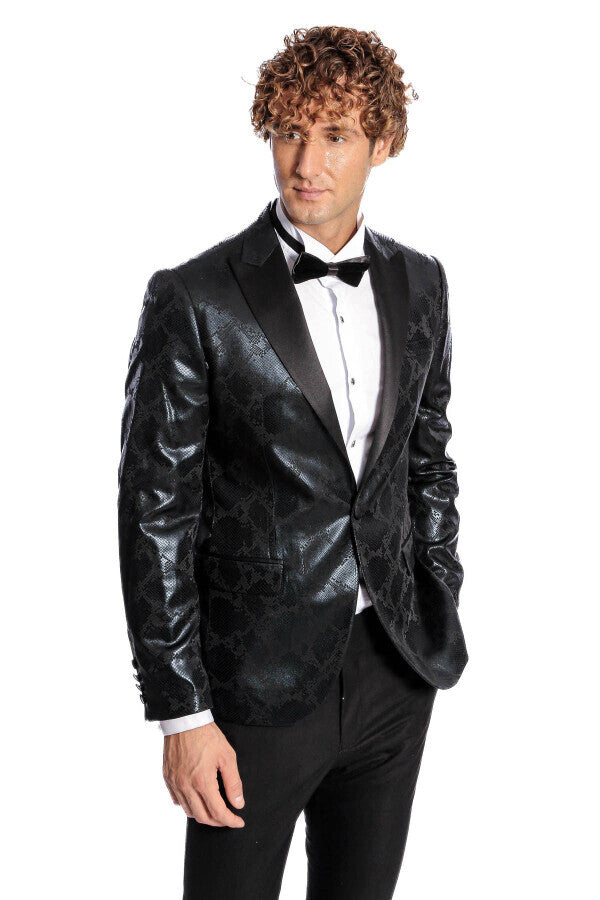 WSS Patterned Slim Fit Black Men's Prom Blazer  - Singen