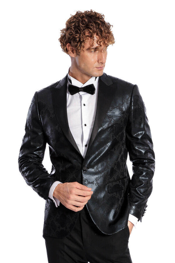 WSS Patterned Slim Fit Black Men's Prom Blazer  - Singen