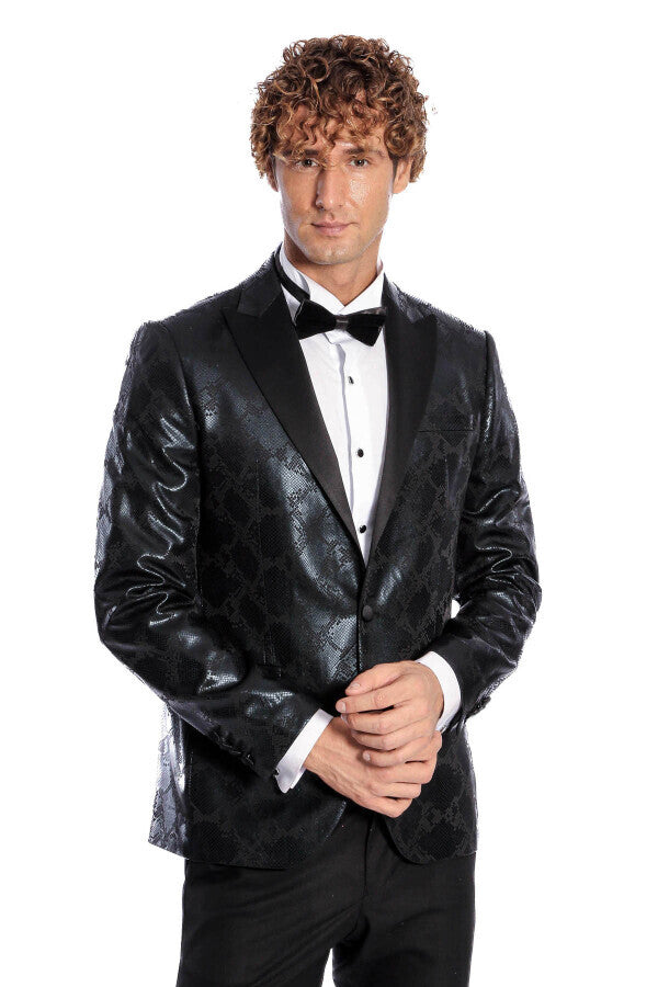 WSS Patterned Slim Fit Black Men's Prom Blazer  - Singen