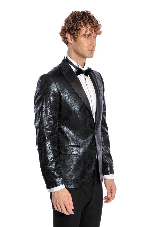 WSS Patterned Slim Fit Black Men's Prom Blazer  - Singen