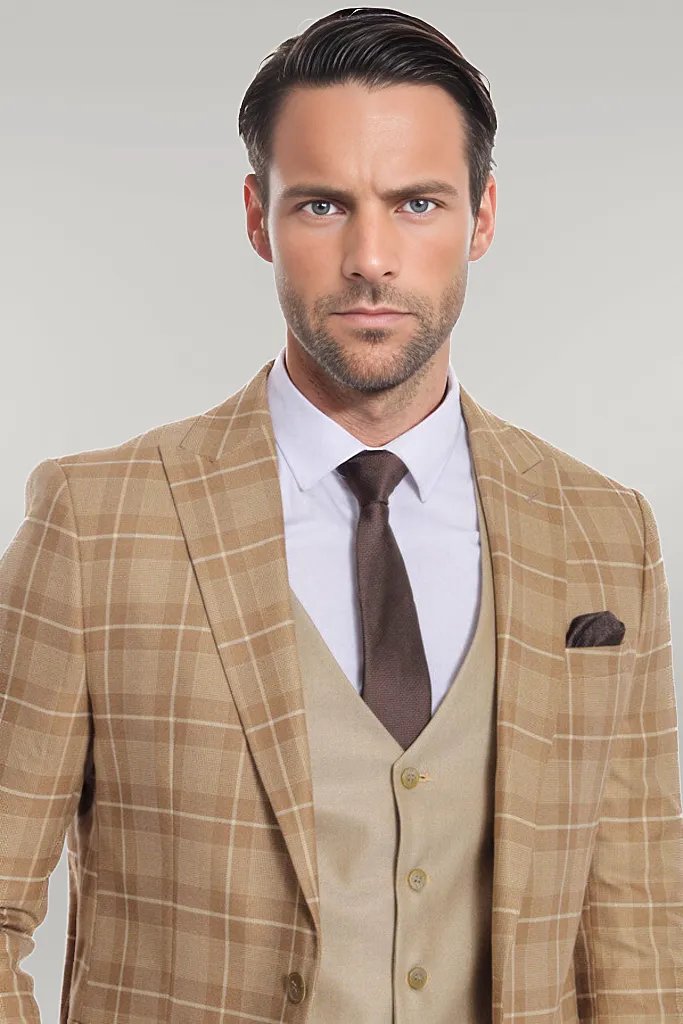 WSS Slim Fit Checked Beige Men Suit  - Singen