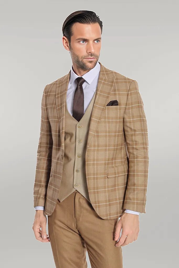 WSS Slim Fit Checked Beige Men Suit  - Singen