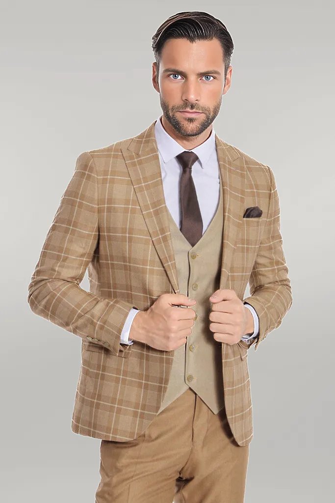 WSS Slim Fit Checked Beige Men Suit  - Singen