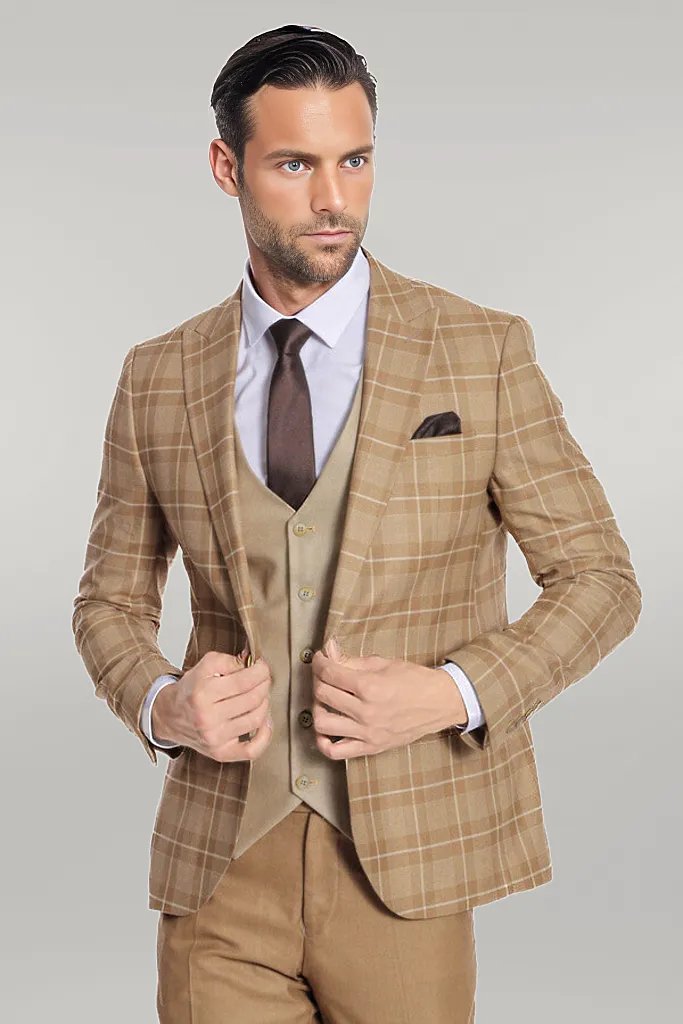 WSS Slim Fit Checked Beige Men Suit  - Singen