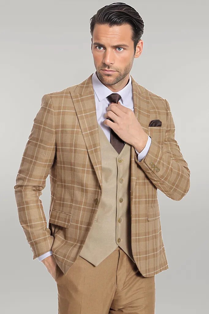 WSS Slim Fit Checked Beige Men Suit  - Singen