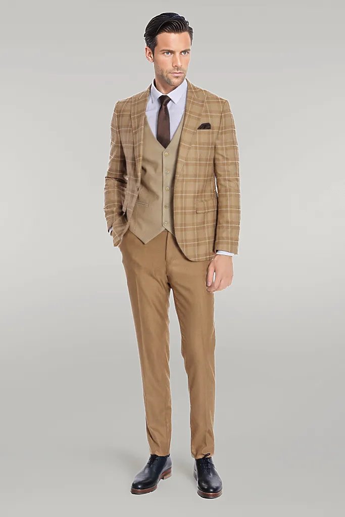 WSS Slim Fit Checked Beige Men Suit  - Singen