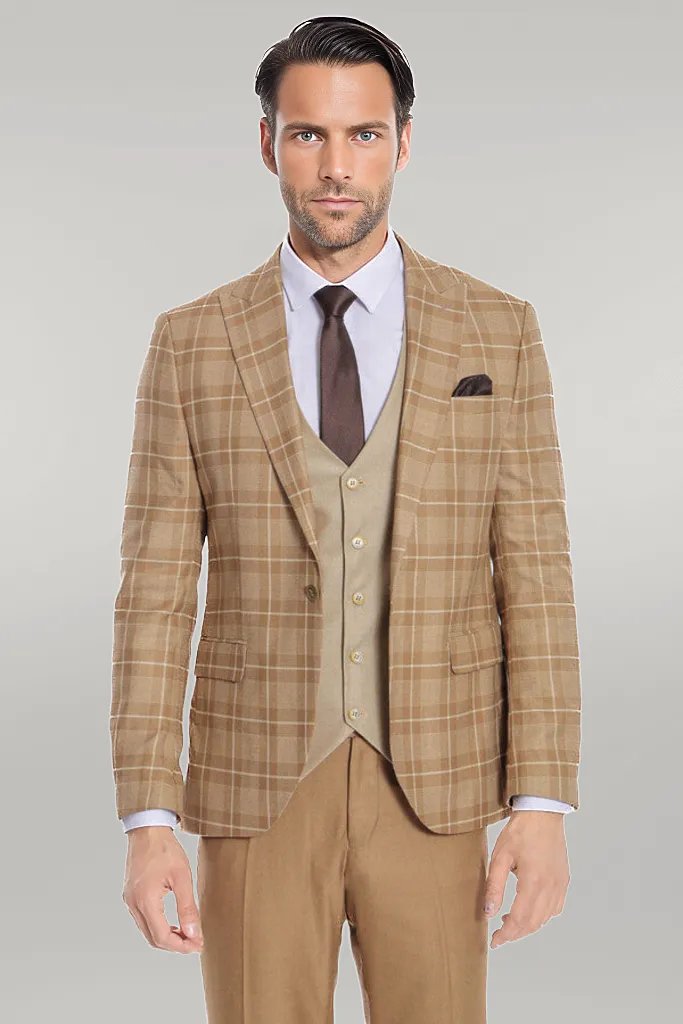 WSS Slim Fit Checked Beige Men Suit  - Singen