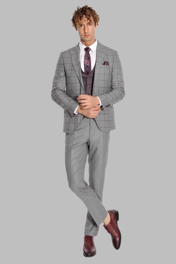 WSS Slim Fit Checked Patterned Grey Men Suit  - Singen