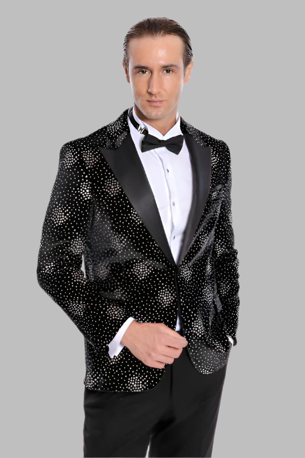 WSS Slim Fit Dot Patterned Black Men Prom Blazer  - Singen