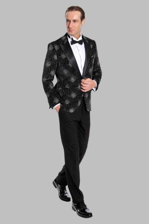 WSS Slim Fit Dot Patterned Black Men Prom Blazer  - Singen