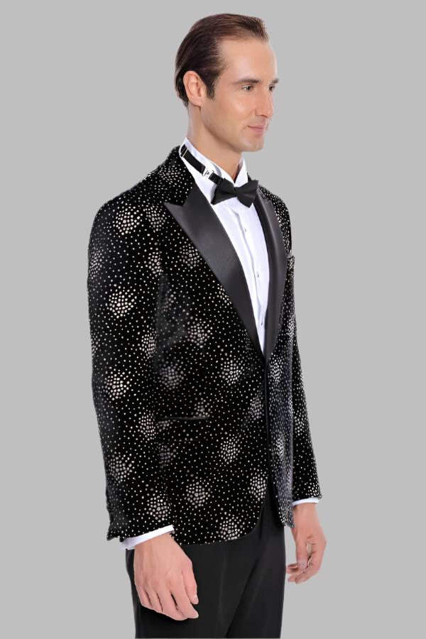 WSS Slim Fit Dot Patterned Black Men Prom Blazer  - Singen