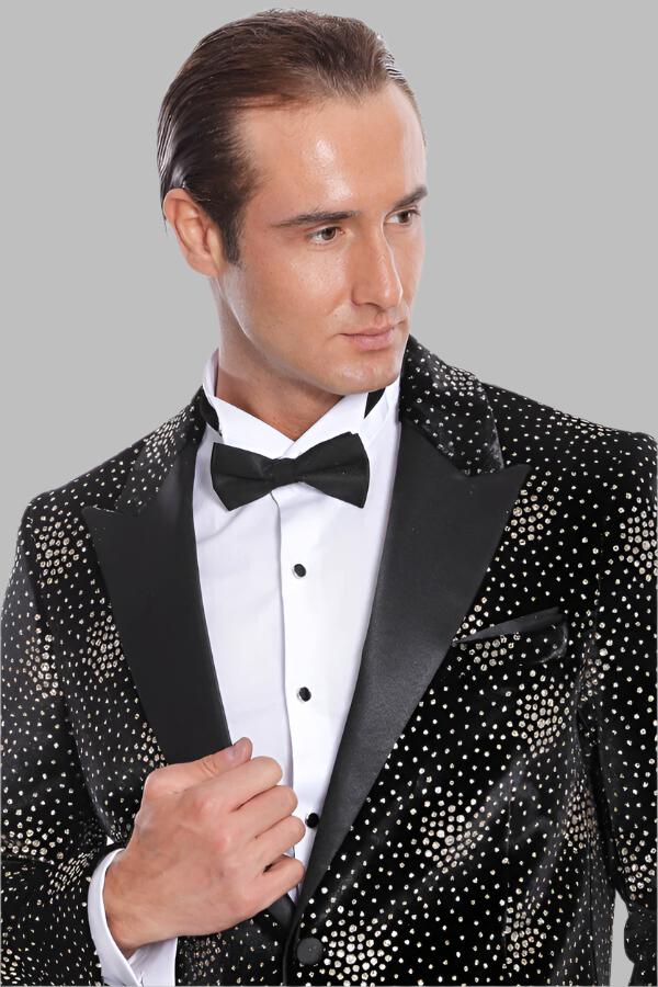 WSS Slim Fit Dot Patterned Black Men Prom Blazer  - Singen