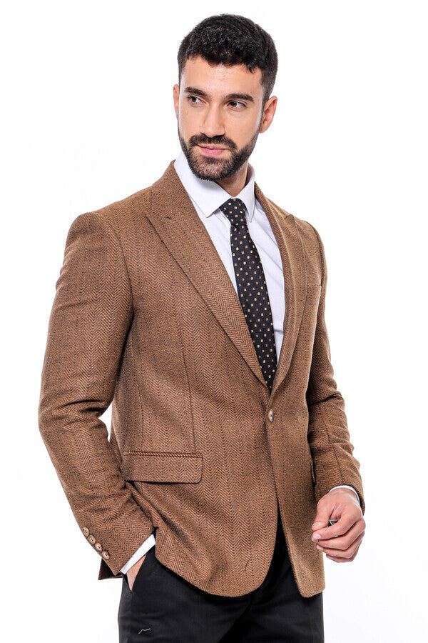 WSS Slim Fit Patterned Light Brown Men Blazer  - Singen