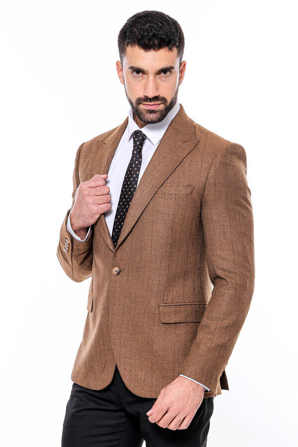 WSS Slim Fit Patterned Light Brown Men Blazer  - Singen