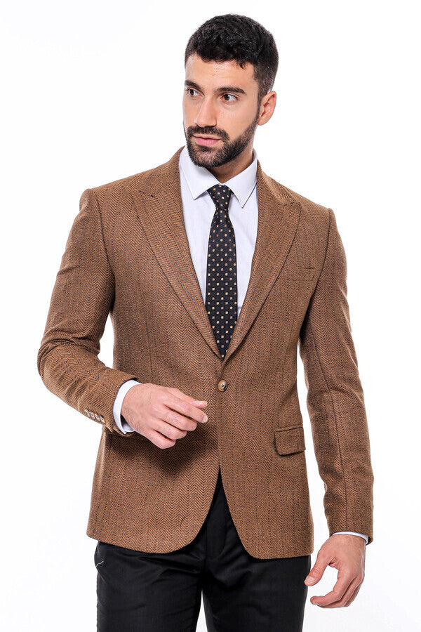 WSS Slim Fit Patterned Light Brown Men Blazer  - Singen