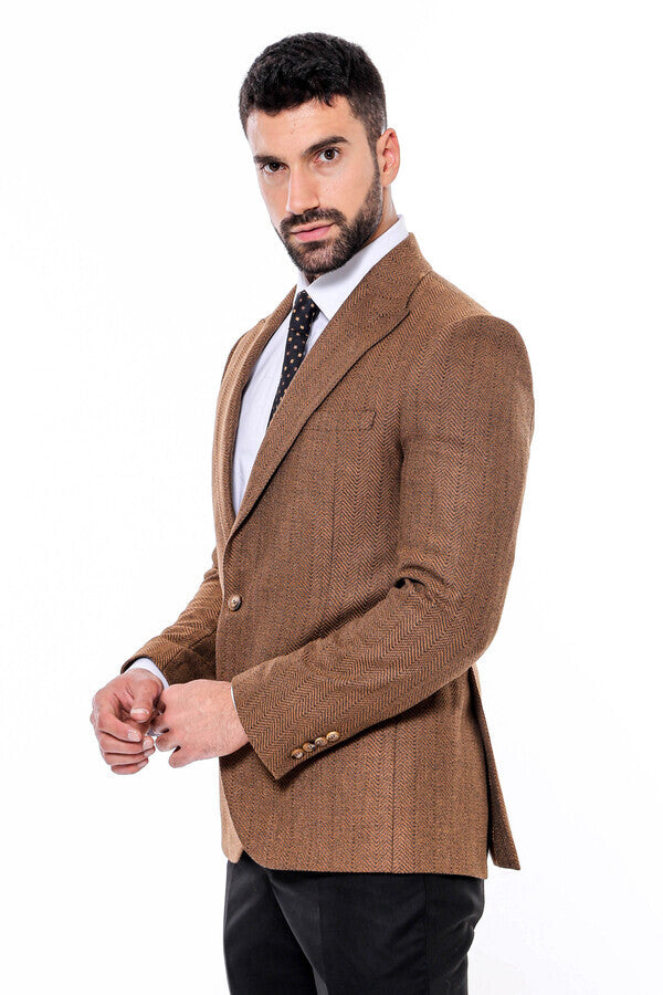 WSS Slim Fit Patterned Light Brown Men Blazer  - Singen