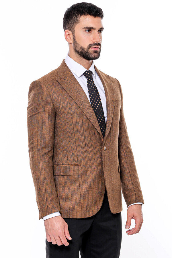 WSS Slim Fit Patterned Light Brown Men Blazer  - Singen