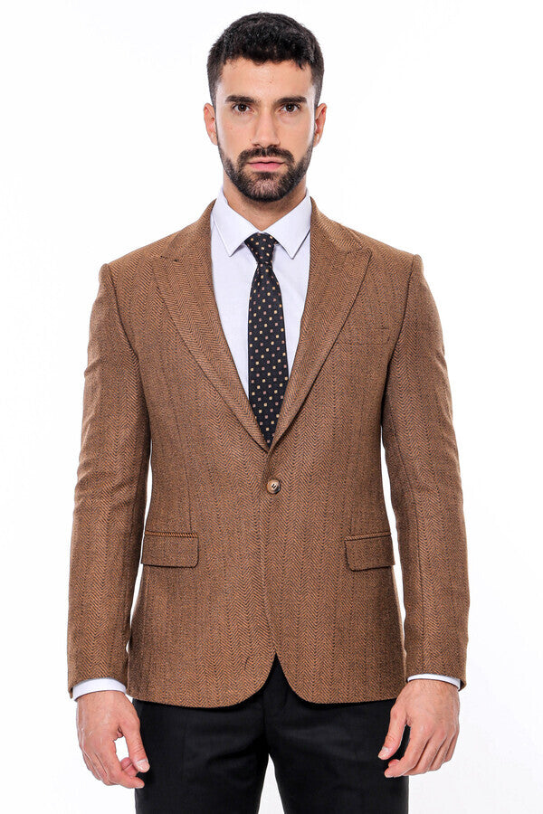 WSS Slim Fit Patterned Light Brown Men Blazer  - Singen