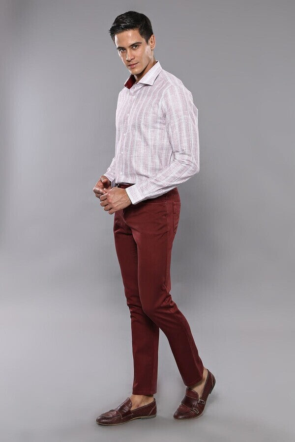 WSS Slim Fit Plain 5 Pockets Burgundy Men Pants  - Singen