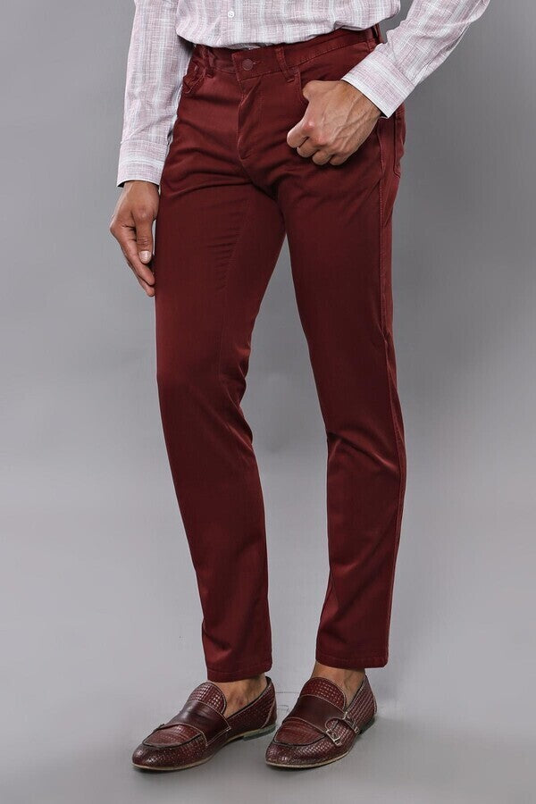 WSS Slim Fit Plain 5 Pockets Burgundy Men Pants  - Singen