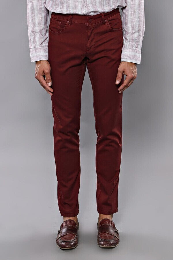 WSS Slim Fit Plain 5 Pockets Burgundy Men Pants  - Singen