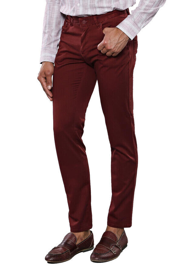 WSS Slim Fit Plain 5 Pockets Burgundy Men Pants  - Singen