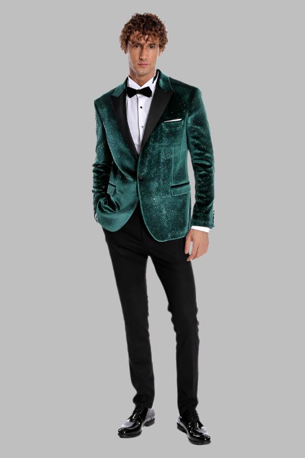 WSS Sparkle Slim Fit Velvet Green Men Prom Blazer  - Singen