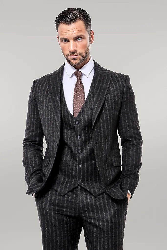 WSS Striped Black Slim-Fit Vested Men's Suit  - Singen