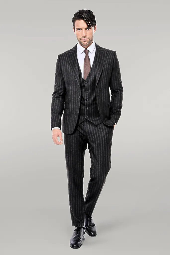 WSS Striped Black Slim-Fit Vested Men's Suit  - Singen