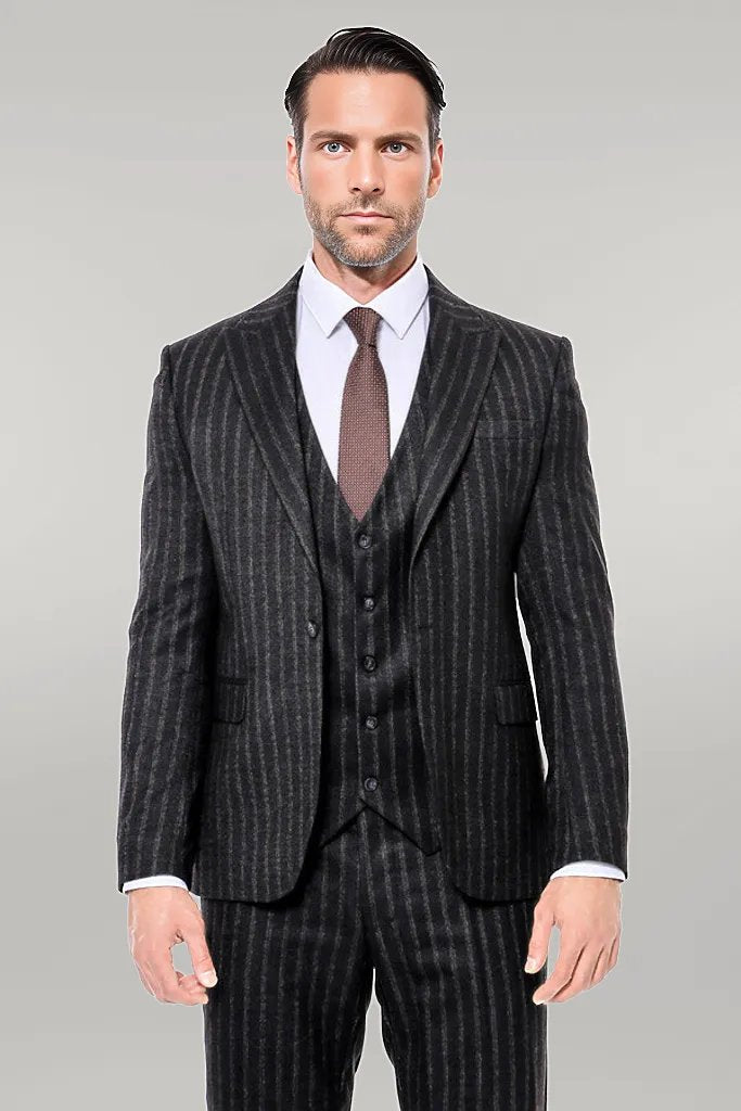 WSS Striped Black Slim-Fit Vested Men's Suit  - Singen