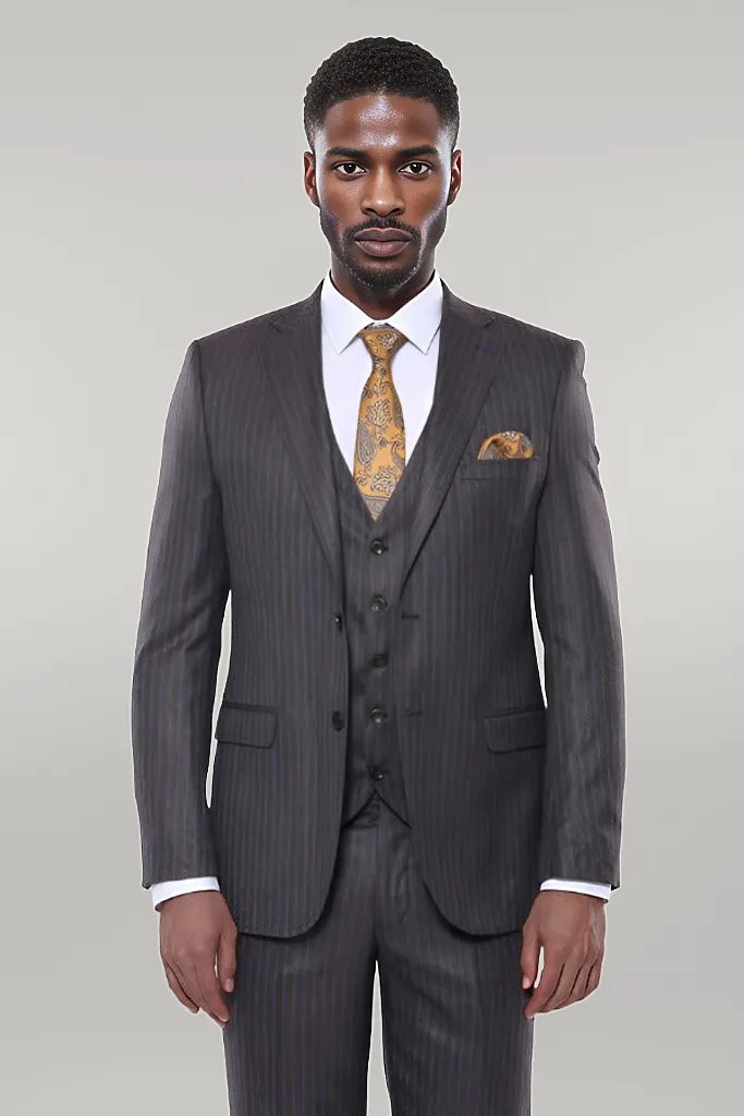 WSS Striped Brown Vested Suit  - Singen