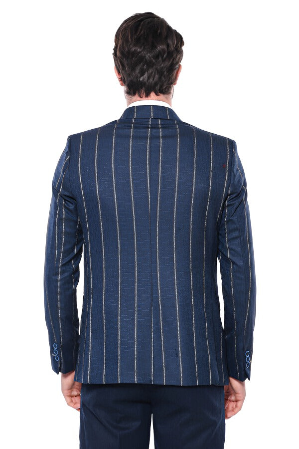 WSS Striped Slim-Fit Navy Blue Men Blazer  - Singen