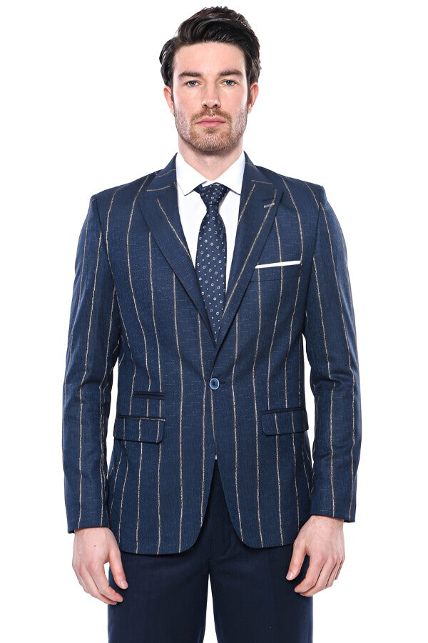 WSS Striped Slim-Fit Navy Blue Men Blazer  - Singen