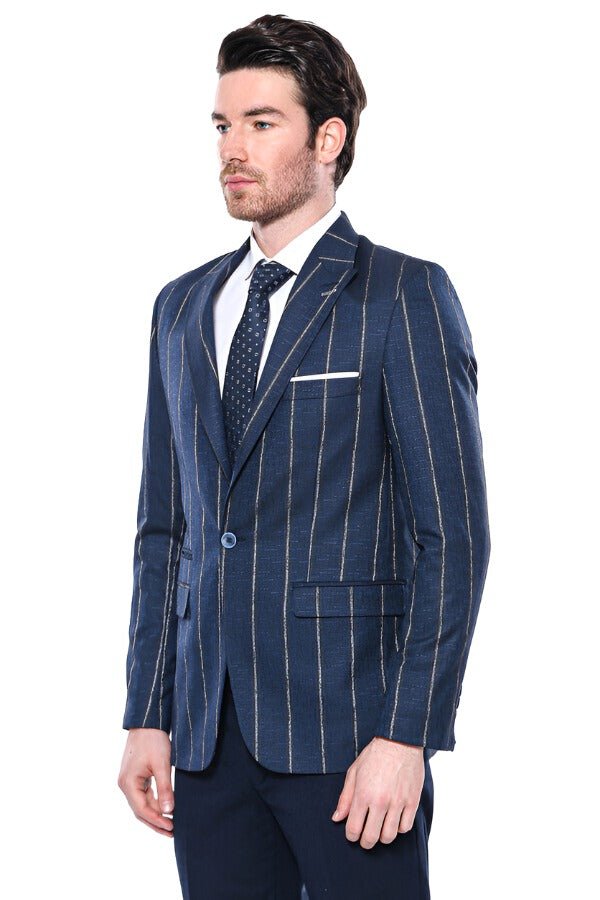 WSS Striped Slim-Fit Navy Blue Men Blazer  - Singen