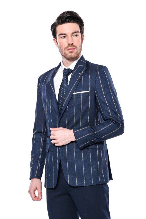 WSS Striped Slim-Fit Navy Blue Men Blazer  - Singen