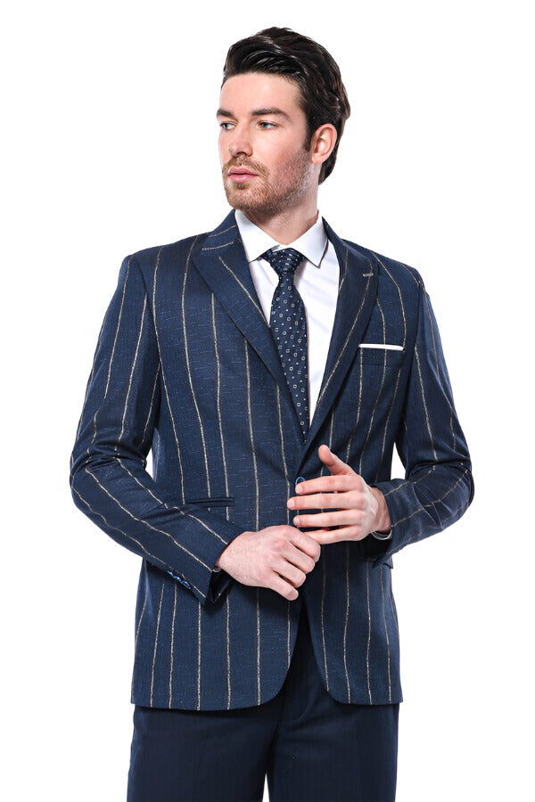 WSS Striped Slim-Fit Navy Blue Men Blazer  - Singen