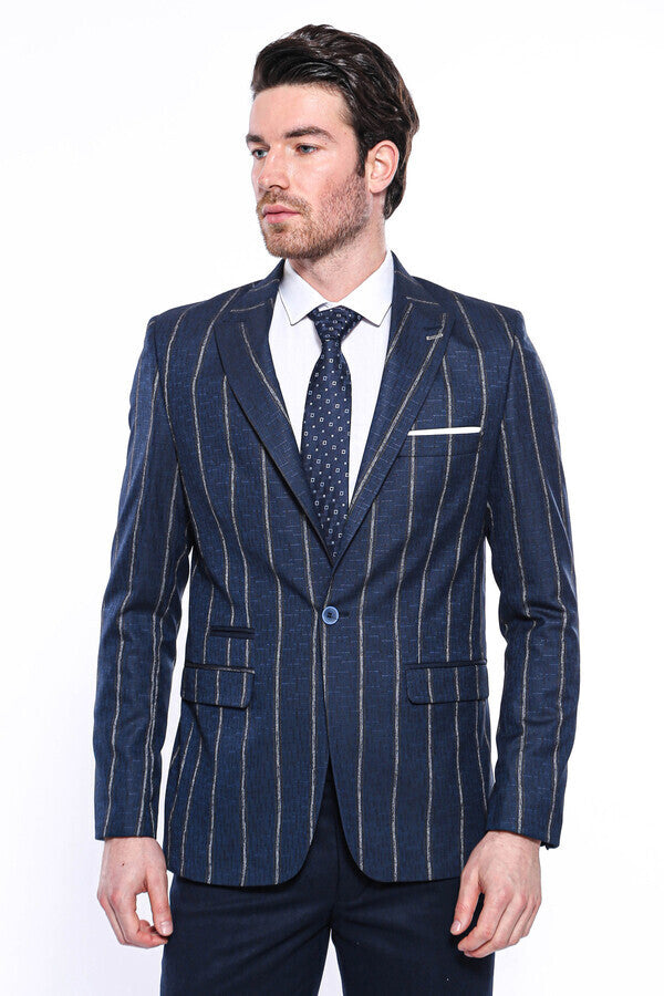 WSS Striped Slim-Fit Navy Blue Men Blazer  - Singen