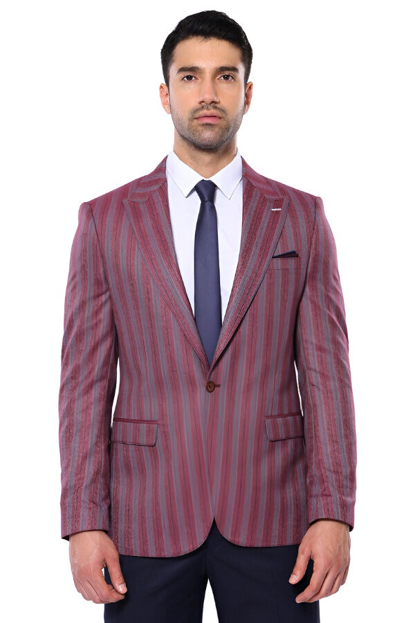 WSS Striped Slim Fit Single Button Burgundy Men Blazer  - Singen