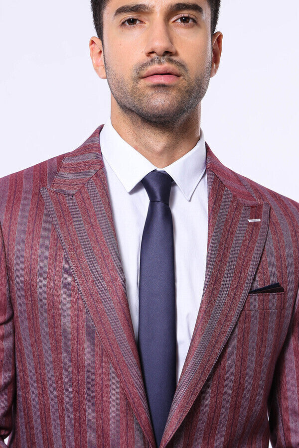 WSS Striped Slim Fit Single Button Burgundy Men Blazer  - Singen