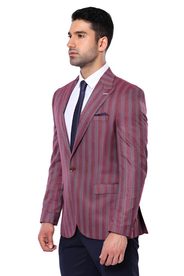 WSS Striped Slim Fit Single Button Burgundy Men Blazer  - Singen