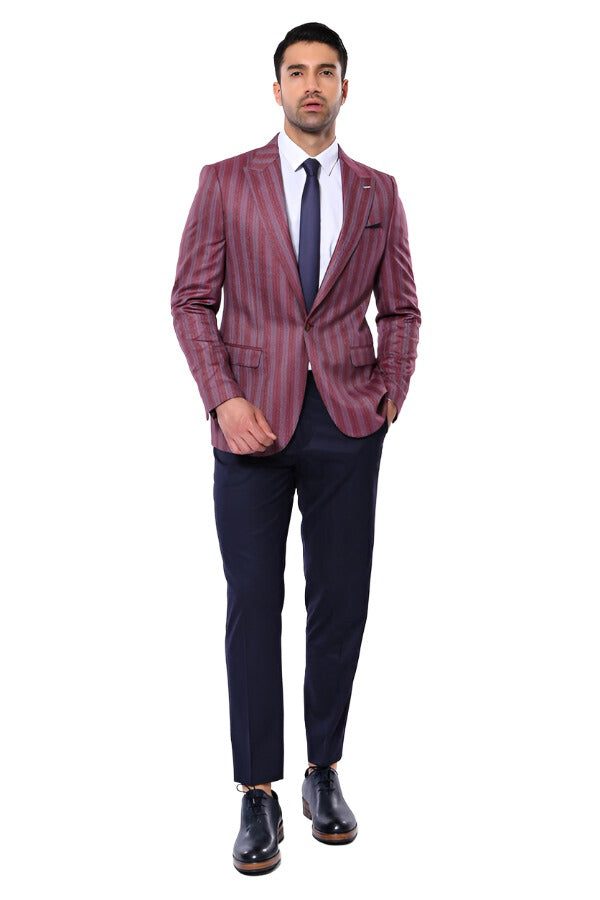 WSS Striped Slim Fit Single Button Burgundy Men Blazer  - Singen