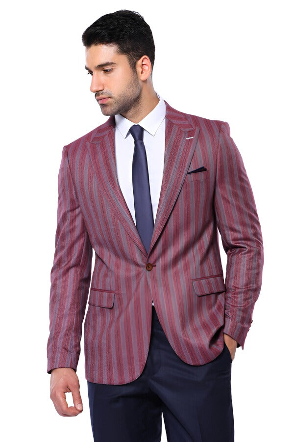 WSS Striped Slim Fit Single Button Burgundy Men Blazer  - Singen