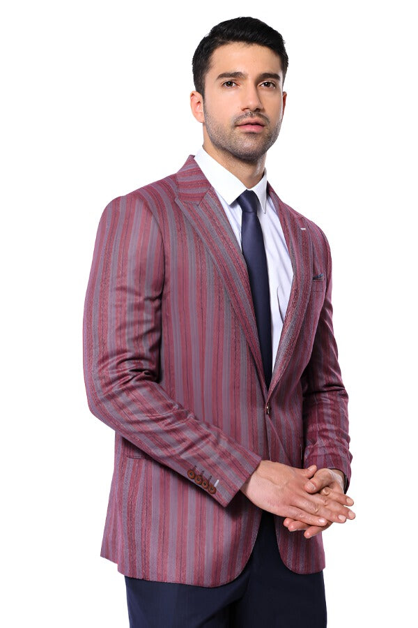 WSS Striped Slim Fit Single Button Burgundy Men Blazer  - Singen