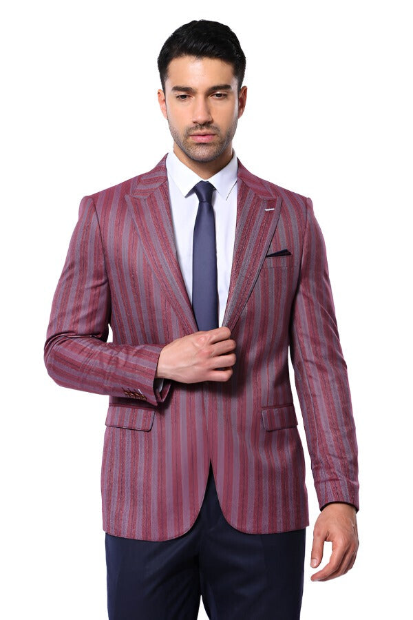 WSS Striped Slim Fit Single Button Burgundy Men Blazer  - Singen