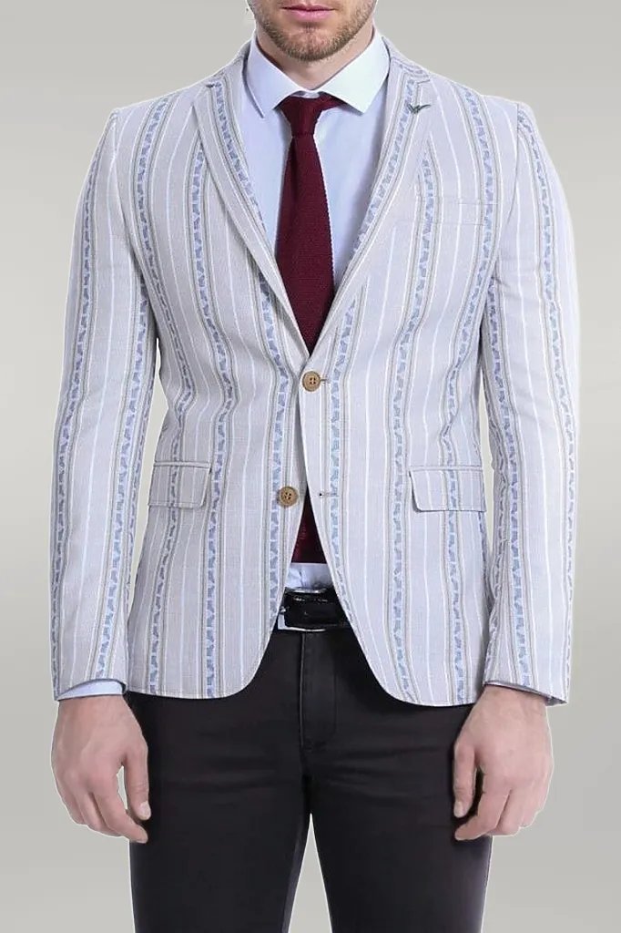 WSS Stripped Beige Slim Fit Blazer  - Singen