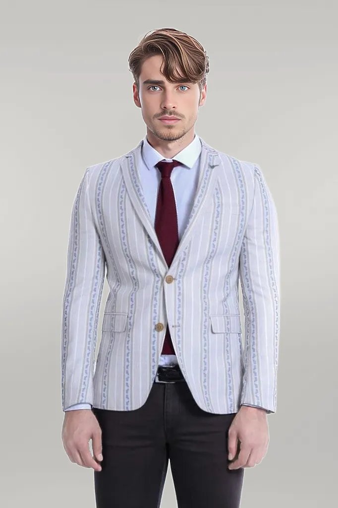 WSS Stripped Beige Slim Fit Blazer  - Singen