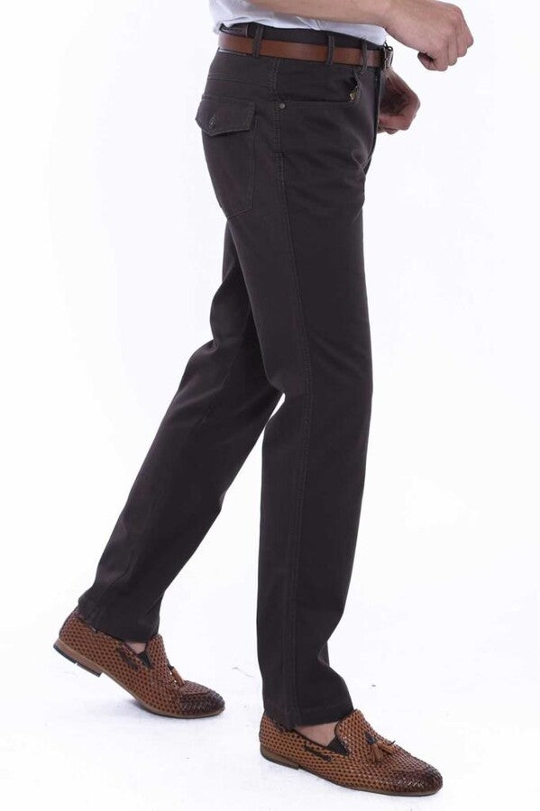 WSS Suede Pocket Flap Plain Cotton Dark Brown Men Trousers  - Singen